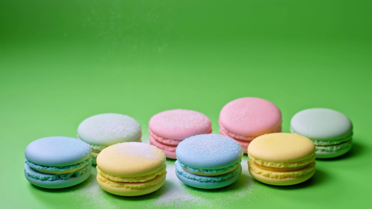 Colorful Macarons On Green Background, Powdered Sugar Falling Over Pastel Cookies, Closeup Studio Composition