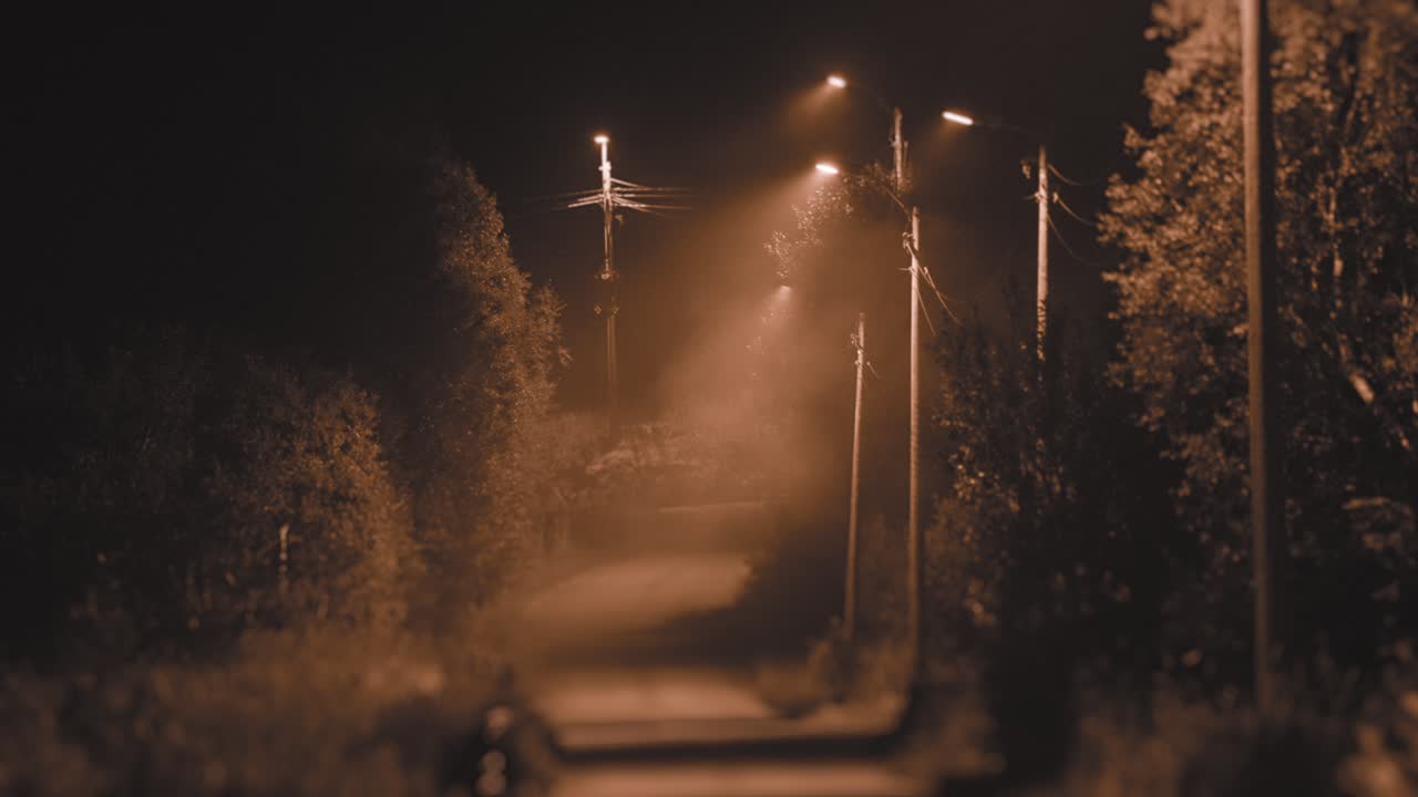 un disparo de mal humor de una calle brumosa iluminada por farolas
