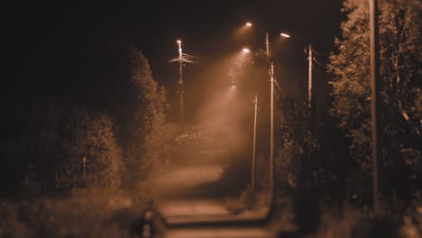 a moody shot of a foggy street illuminated by streetlights