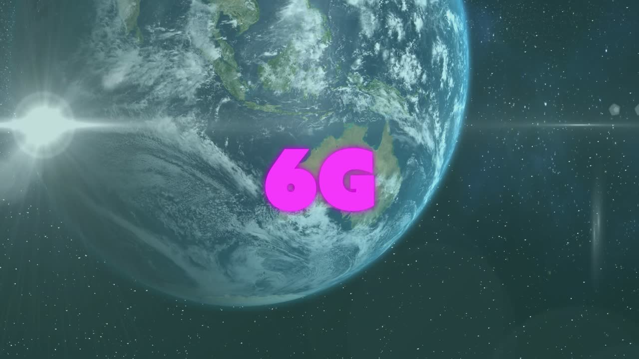 Animering av en 6G-textbanderoll mot en ljuspunkt och ett jordklot i rymden.