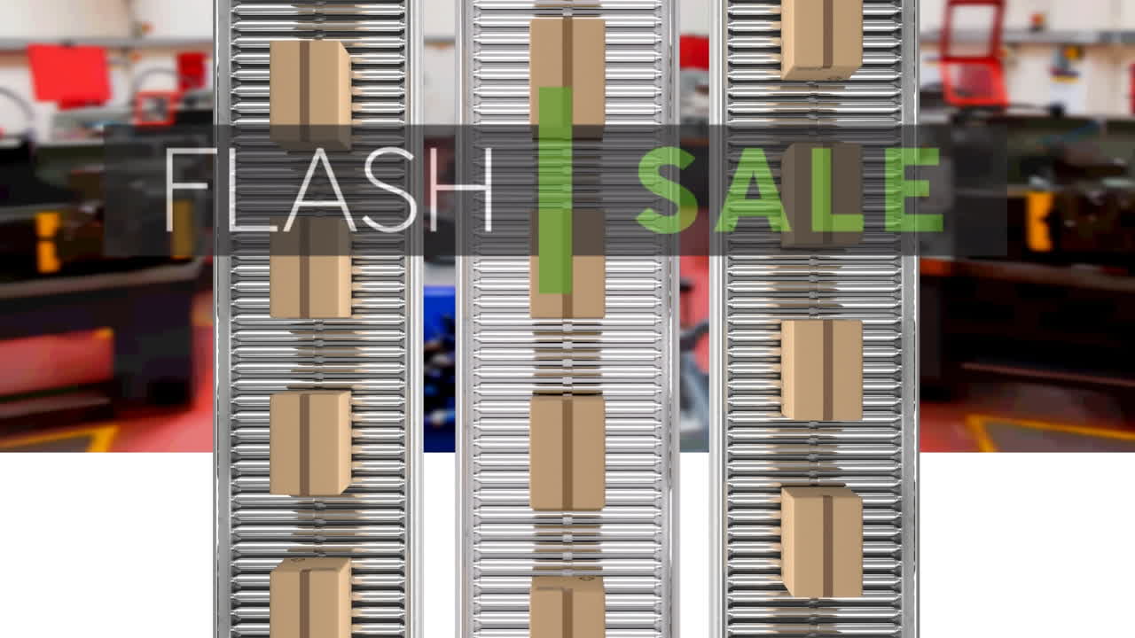 컨베이어 벨트에 있는 카드보드 상자 위에 있는 플래시 판매 텍스트의 애니메이션
