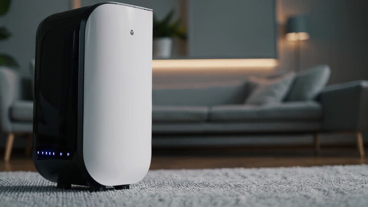 Man relaxing on a sofa with an air purifier