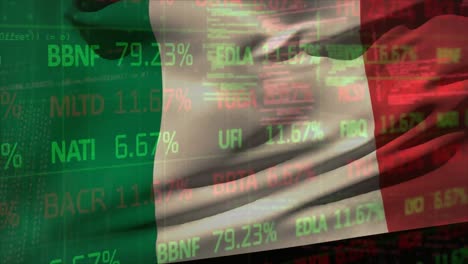 animation of statistics and financial data processing over flag of italy