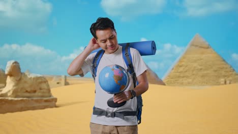 asian male hiker with mountaineering backpack looking at world globe in his hands and making confused gesture while traveling in pyramid of giza