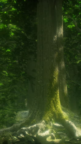 mystical forest scene: sunlight through the trees