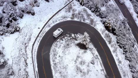 campervan turns on hairpin u bend as snow falls in mountain pass