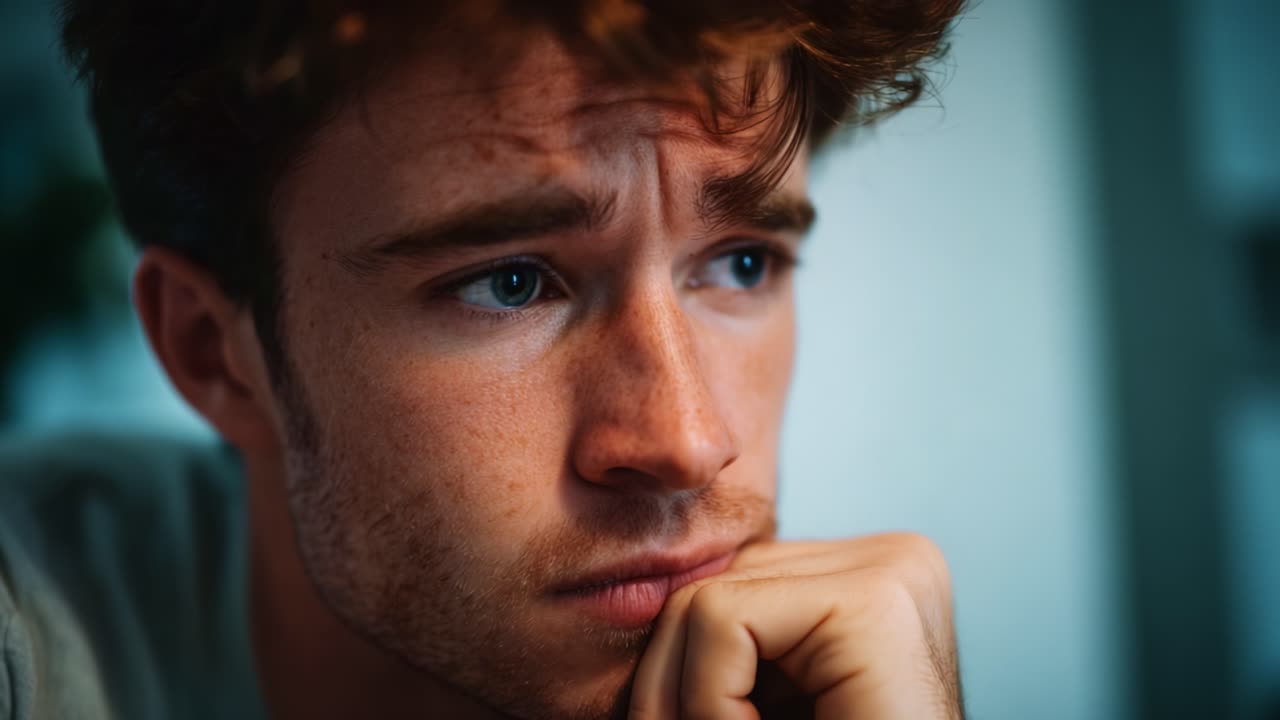 Un giovane uomo pensieroso è seduto, immerso nei suoi pensieri, il suo volto espressivo rivela un momento di introspezione e riflessione emotiva catturato in due diverse inquadrature