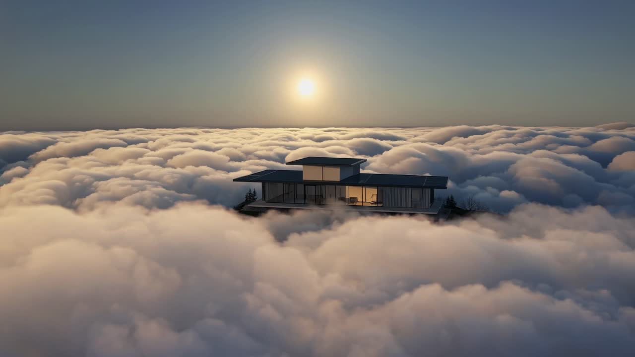 Svævende moderne hus på en skybeklædt bjergtop ved solnedgang