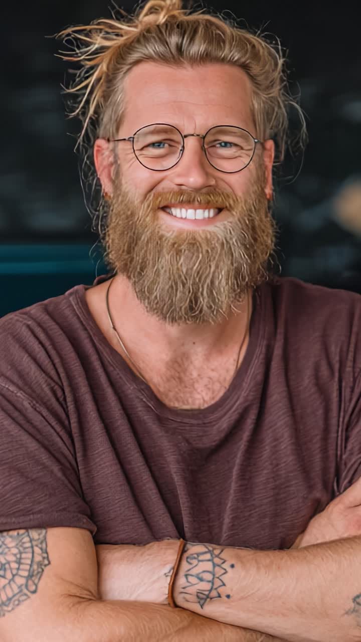 En blid mann med langt, fyldig skjegg og stilige briller smiler selvsikkert mens han poserer i en avslappet t-skjorte, og viser en vennlig og tilnærmelig personlighet
