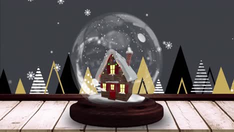Animation-of-snow-falling-over-christmas-snow-globe-over-grey-background