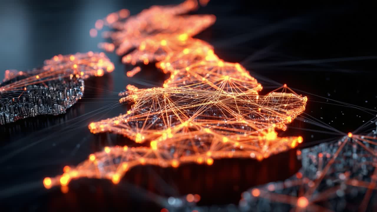 A Stunning Visualization of Network Connections Across the United Kingdom, Showcasing the Intricate Web of Communication and Data Flow Through an Abstract Digital Map