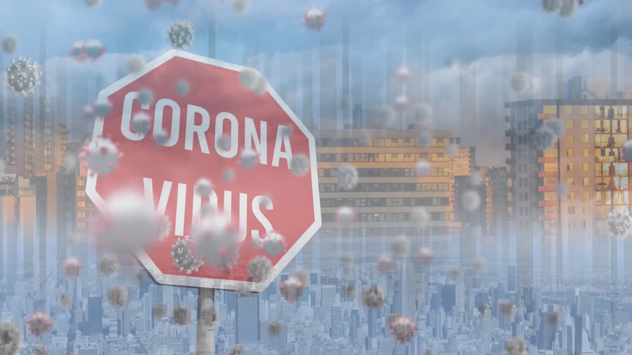 Animation of corona virus prohibition sign over cityscape