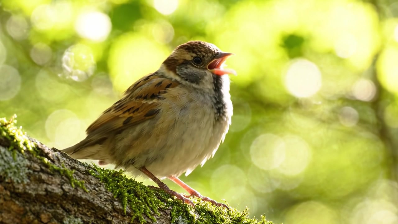 En charmerende spurv sidder yndefuldt på en mosdækket gren under et drømmende grønt løvtag, der indfanger naturens ro og skønhed i et strålende lys