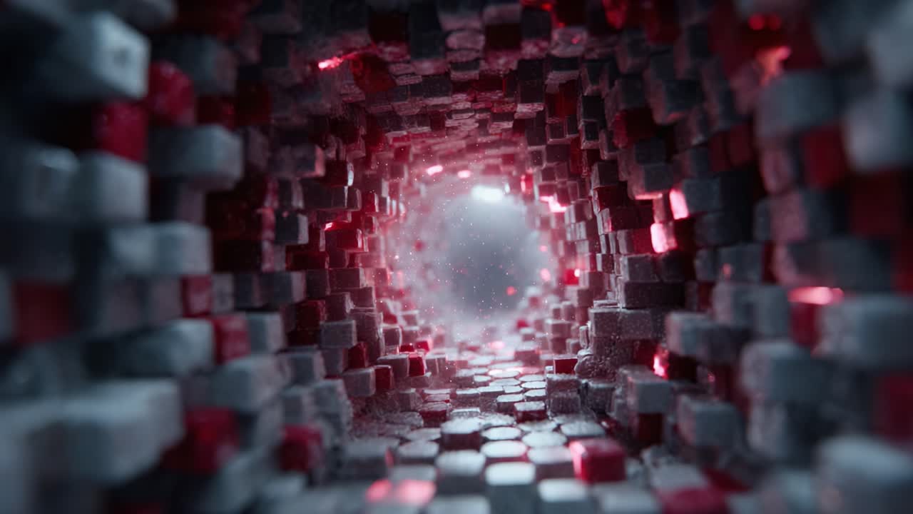 A Dreamlike Passage Through a Digital Tunnel of Hexagonal Stones Illuminated by Subtle Red Light, Creating an Enigmatic and Otherworldly Atmosphere