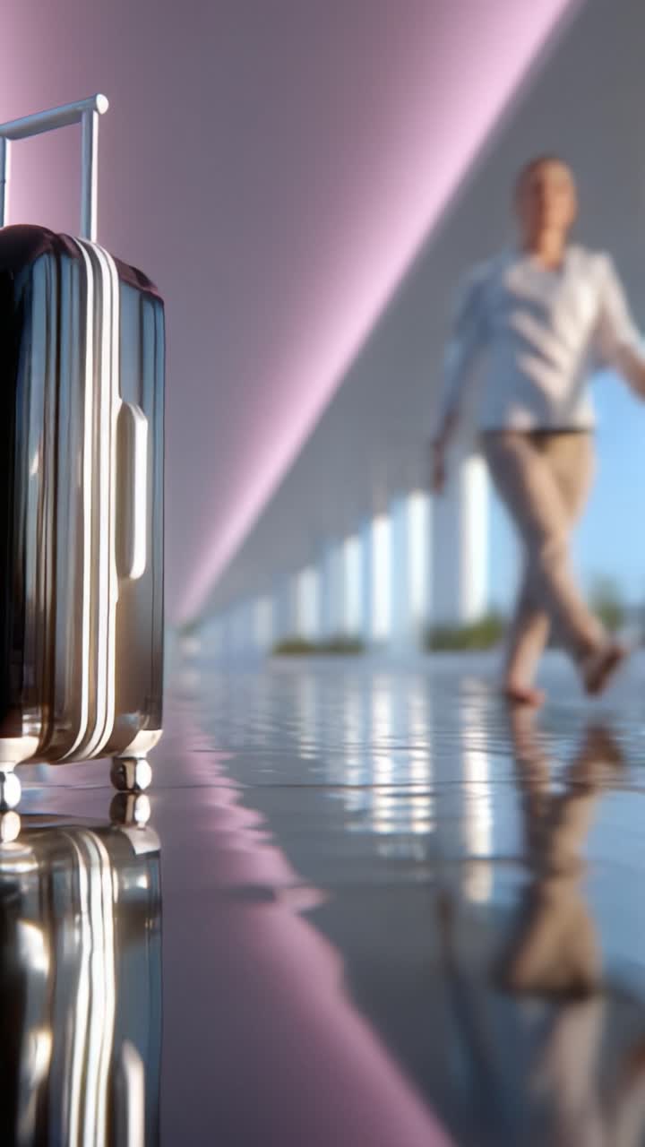 Una elegante maleta negra se destaca prominentemente en una moderna terminal de aeropuerto, reflejando el entorno sereno mientras los viajeros pasean, resaltando una sensación de aventura y movimiento.