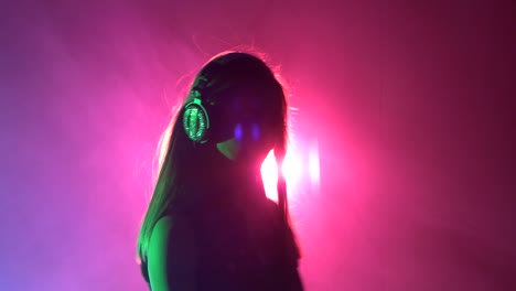 dj woman in neon lights