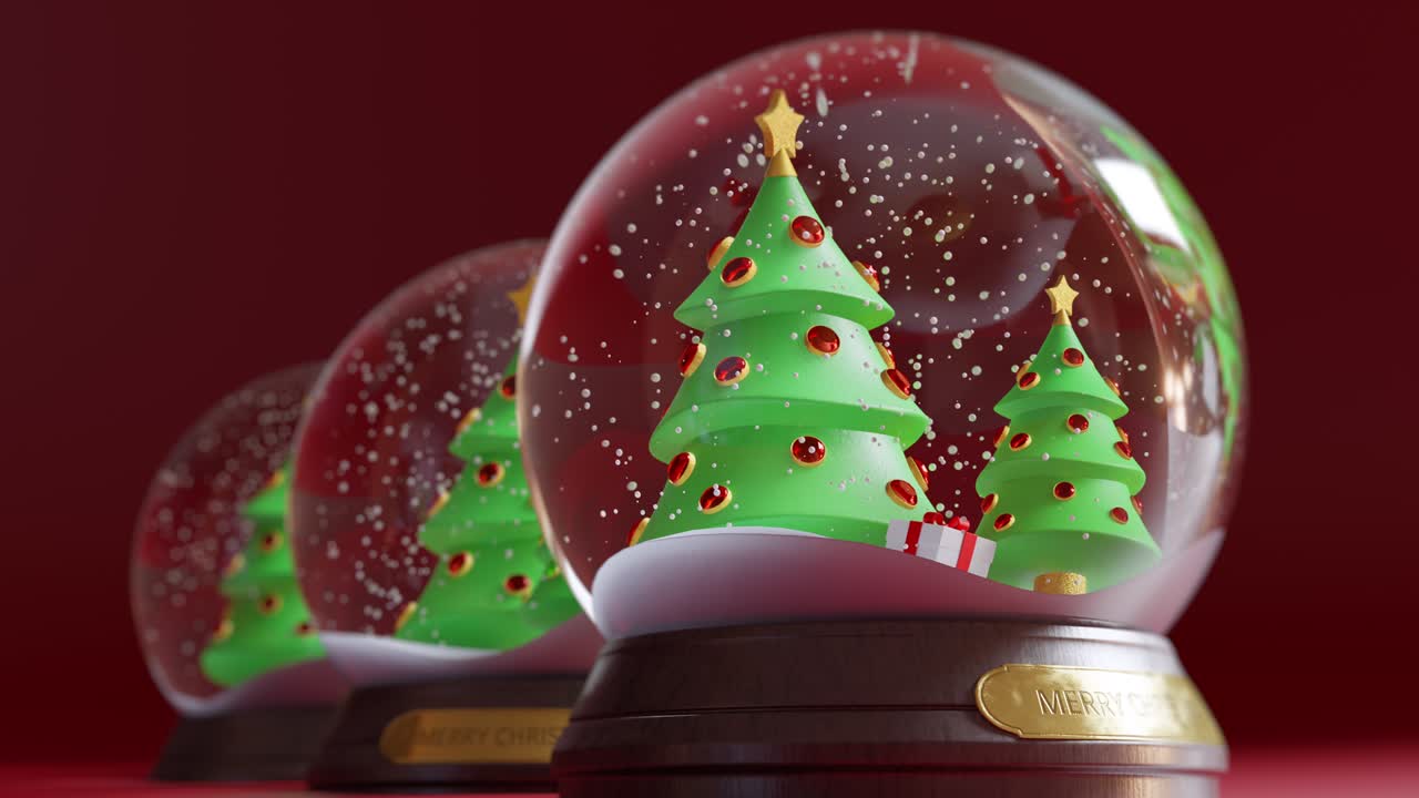 3개의 눈구이, 유리 구 안에 눈이 떨어지는 것, 크리스마스 트리, 선물, 선물.