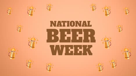 animation of national beer week text and multiple pint of beer over orange background