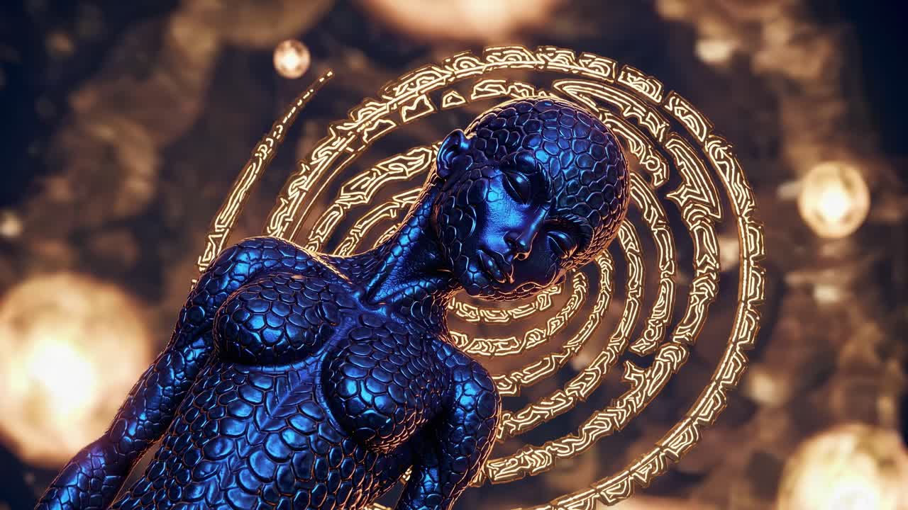 Bioluminescent celestial entity displaying intricate scaled texture, glowing with ethereal radiance amid shimmering stellar landscape of luminous cosmic spheres