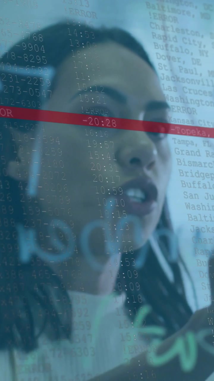Vertical video: Woman pressing note while marking glass data, red bar showing for business planning