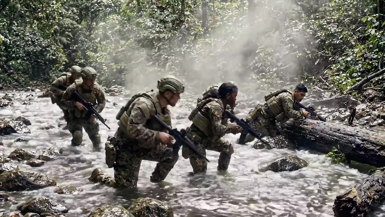 Personale militare che naviga attraverso un denso fiume nella giungla, mostrando lavoro di squadra e prontezza tattica su terreno impegnativo durante un'operazione di addestramento.