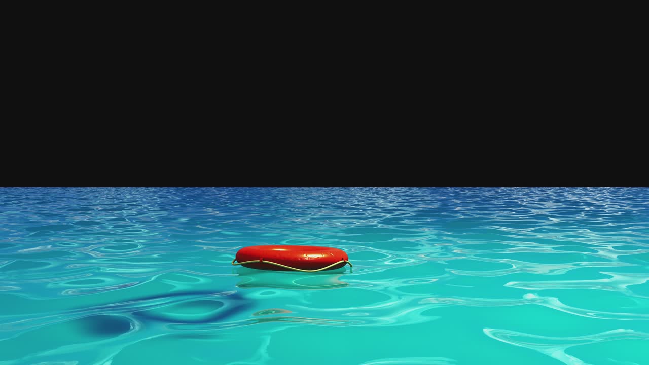 Lifebuoy floating on the sea near the beach. Template on a transparent background for keying.