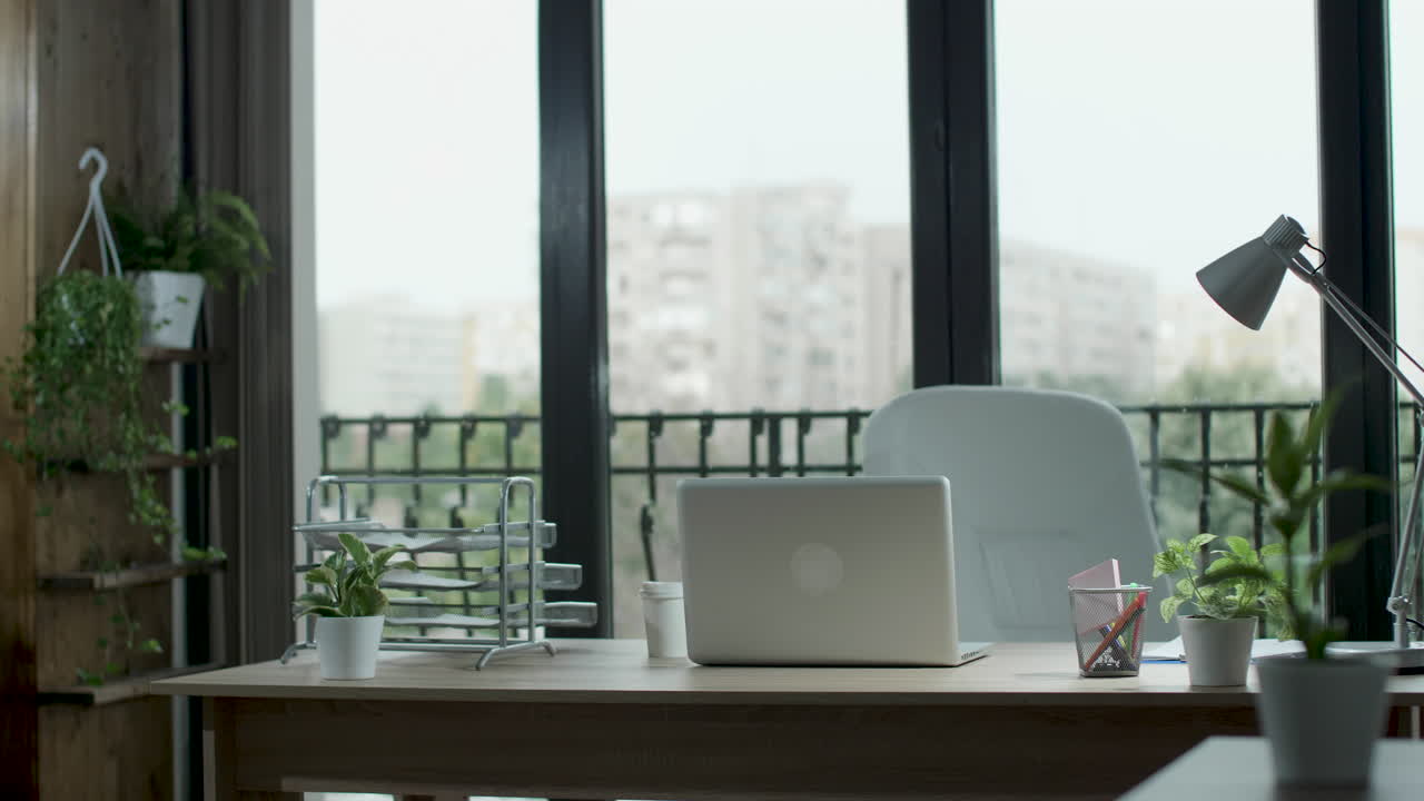Home Office Setup with Laptop and Plants
