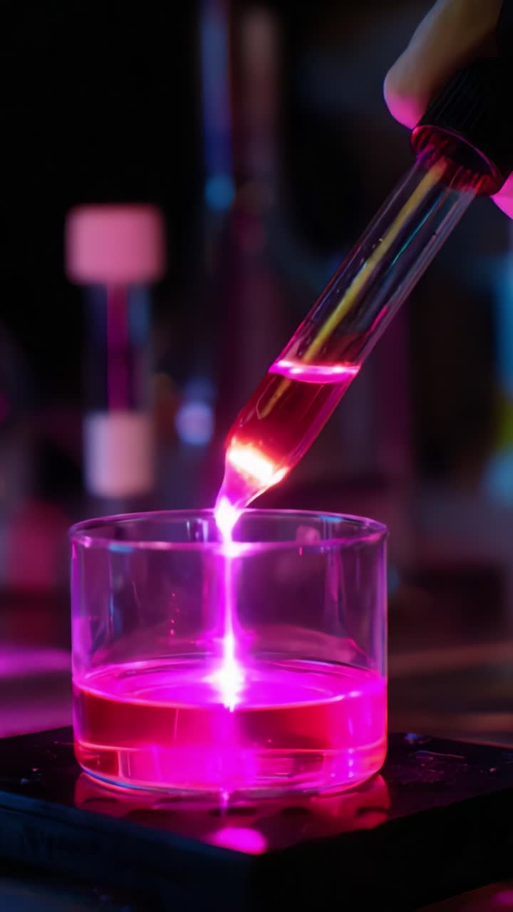 Esperimento con liquido rosa intenso: il processo di versare un fluido di livello di laboratorio in un becher di vetro sotto un'illuminazione colorata per l'osservazione e l'analisi scientifica