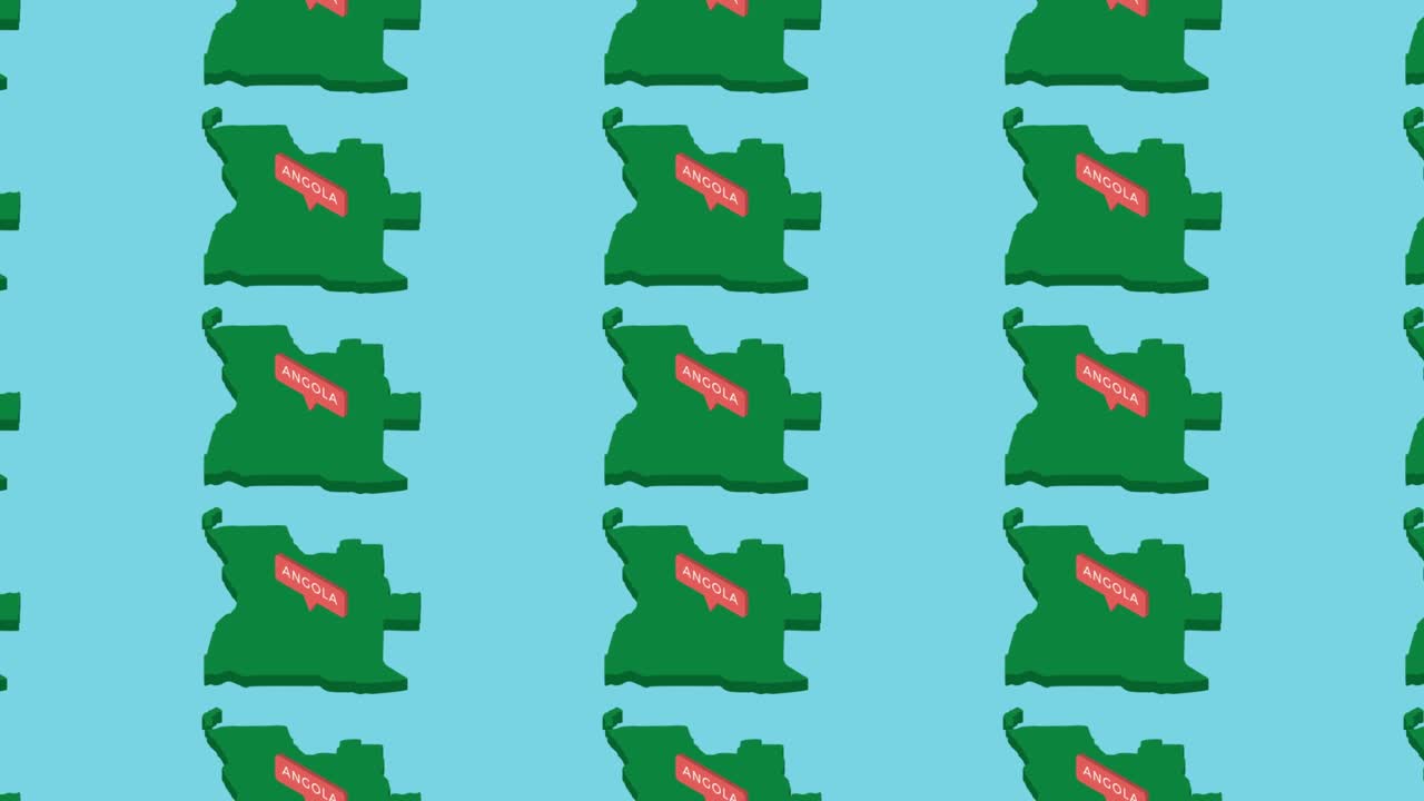 푸른 배경에 오렌지색 포인터를 가진 아프리카 국가 앙골라의 초록색 이소메트릭 지도. 가짜 3d 지리적 지도 개념의 원활한 루프 수평 움직임
