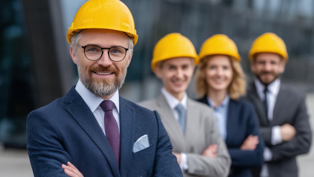 A Team of Construction Professionals in Hard Hats: Confidence and Collaboration as They Stand Proudly in Front of Their Project Site, Showcasing Leadership and Teamwork