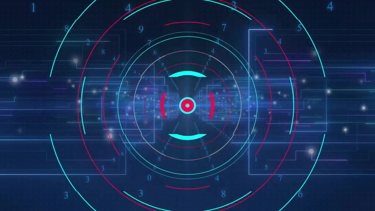 Bright blue glow activating digital HUD graphic shifting bars rotating ring arcs showing data flow