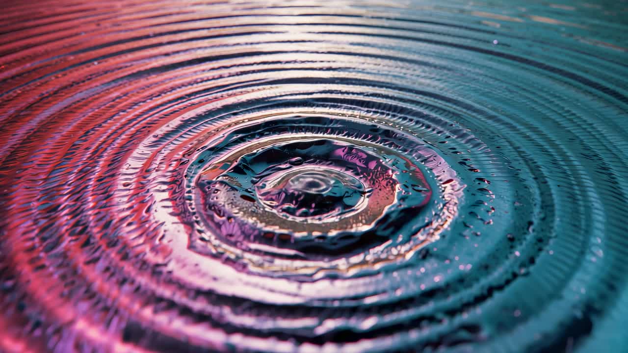 Striking droplet forming crown splash and concentric ripples in basin, under magenta-teal lighting