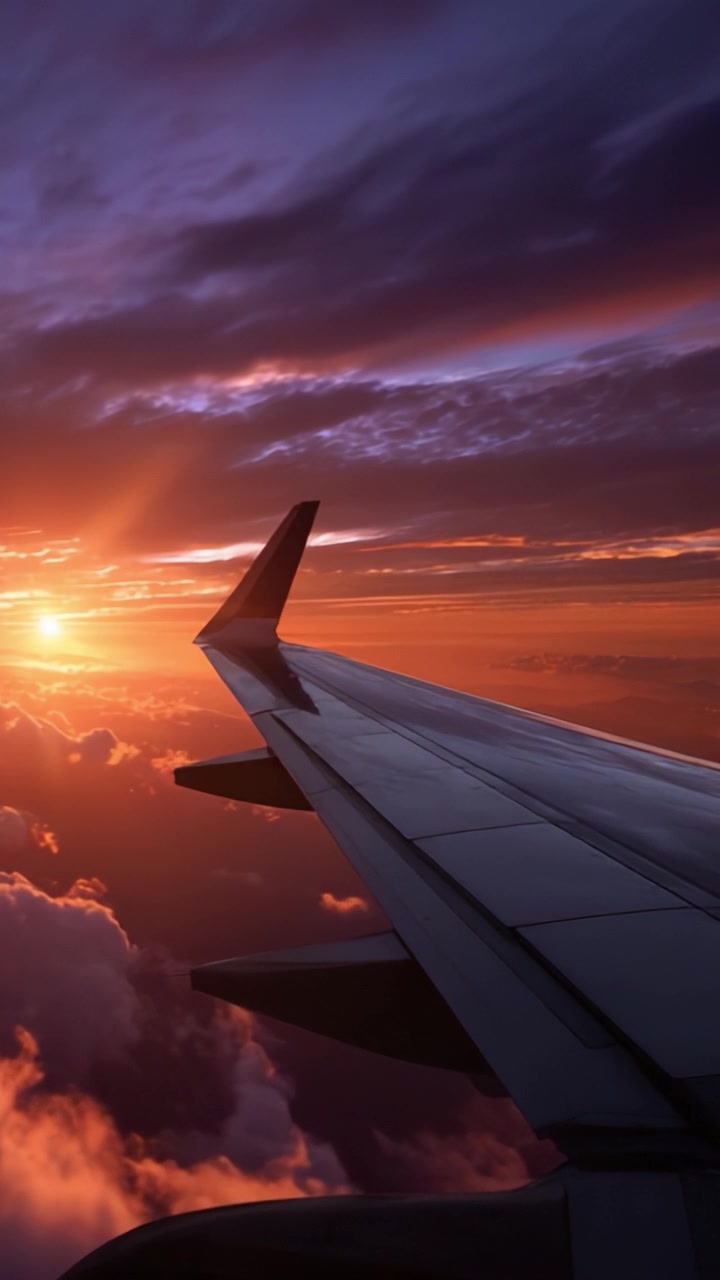 Una splendida vista aerea di un tramonto vibrante con nuvole e un'ala d'aereo catturata dall'alto, che evoca un senso di avventura e serenità nei cieli.