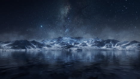 lake and snow mountains at night, 3d rendering.