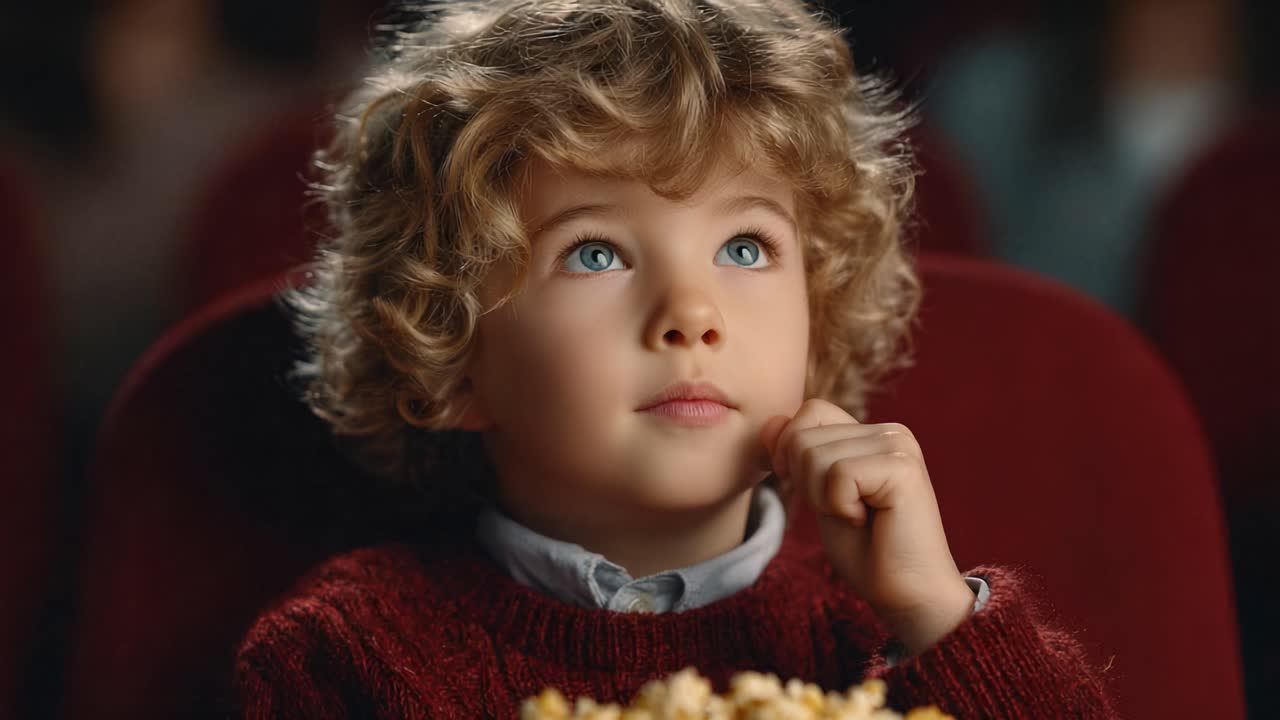 Captivated by the cinematic experience, a young child watches intently with popcorn in hand, embodying the wonder and excitement of a movie theater adventure