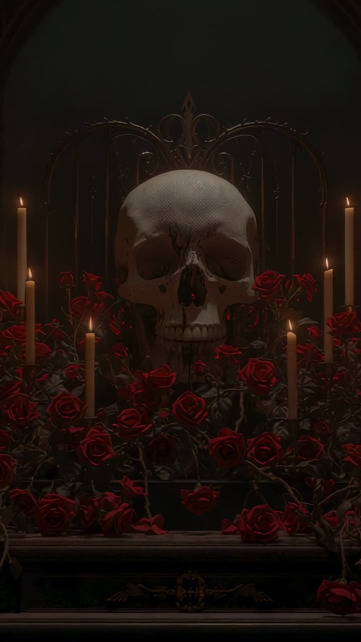 Vertical video: Flickering flames casting shadows across skull and red roses on altar