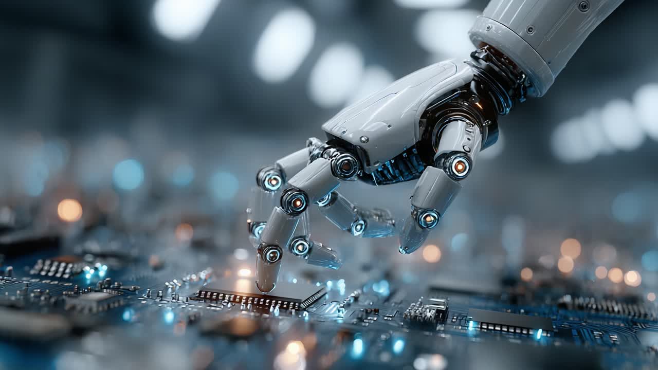 An Advanced Robotic Hand Interacting with a Circuit Board, Showcasing the Intricacies of Technology and Automation in a Futuristic Environment