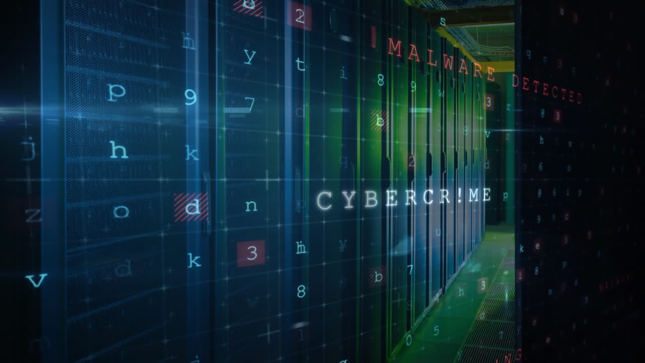 Animation of data processing and hacking texts over server room