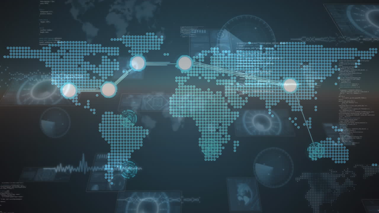 animación del mapa del mundo, red de conexiones y procesamiento de datos sobre fondo negro