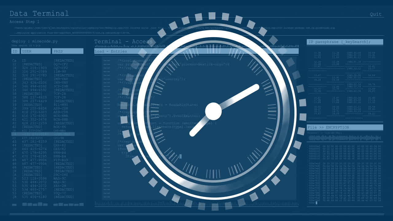 Clock animation over computer terminal interface with data and code