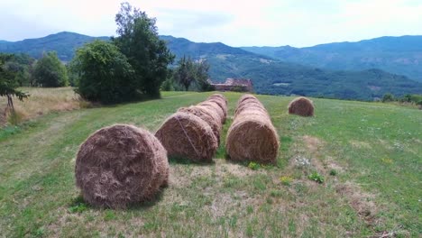 Hay bales over italian countryside and old rural abandoned farmhouse in background. Aerial forward view from drone