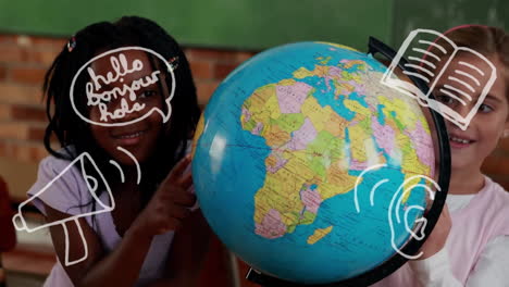 animation of school items icons over diverse schoolchildren using globe in classroom