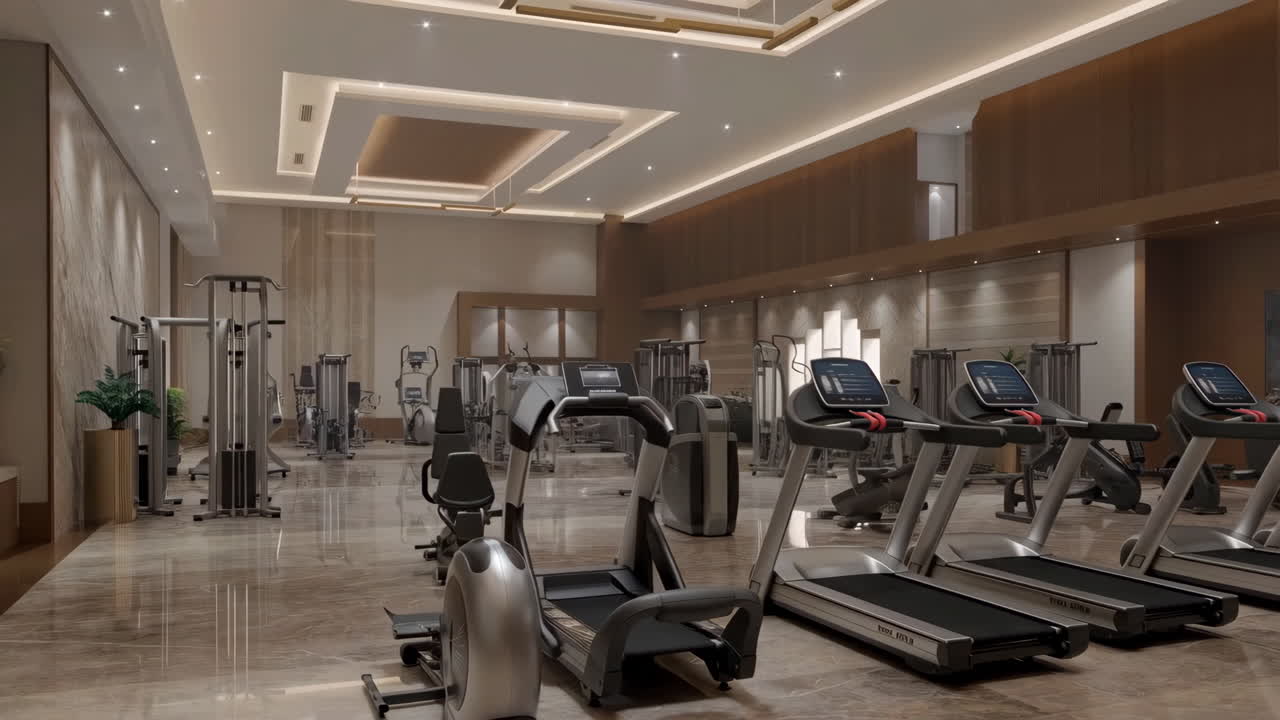 A spacious and modern gym with a variety of exercise equipment