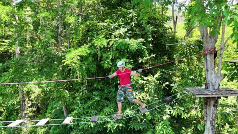 person walking a zipline in a jungle forest