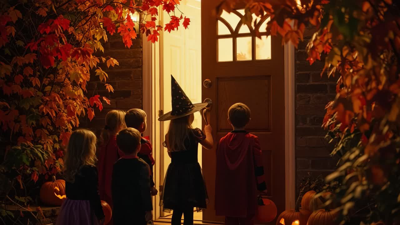 A Group of Children in Costumes Approaching a Door on Halloween Evening, Surrounded by Autumn Leaves and Festive Pumpkins, Eager for Trick-or-Treating Fun