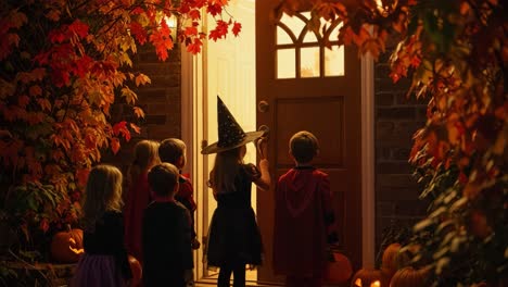 a group of children in costumes approaching a door on halloween evening, surrounded by autumn leaves and festive pumpkins, eager for trick-or-treating fun