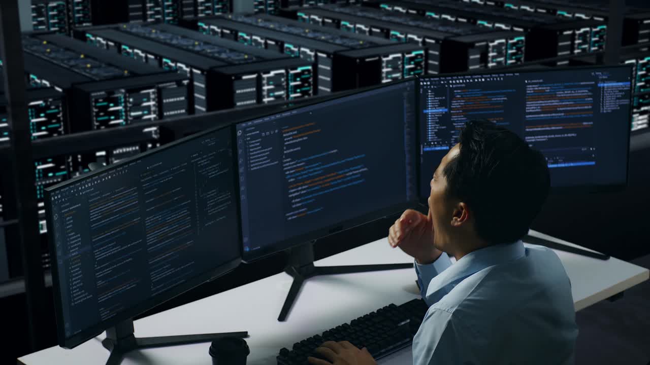 vista trasera de un hombre asiático cansado bostezando mientras trabajaba con un simulacro de varios monitores de computadora en el centro de datos