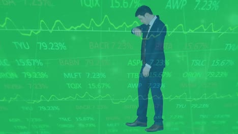 animation of stock market data processing over caucasian businessman with hands up walking