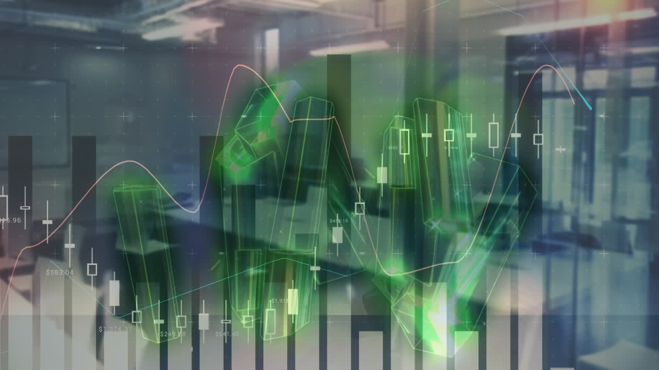 animación de gráficos que se mueven en la interfaz digital con barras de oro contra el interior de la oficina