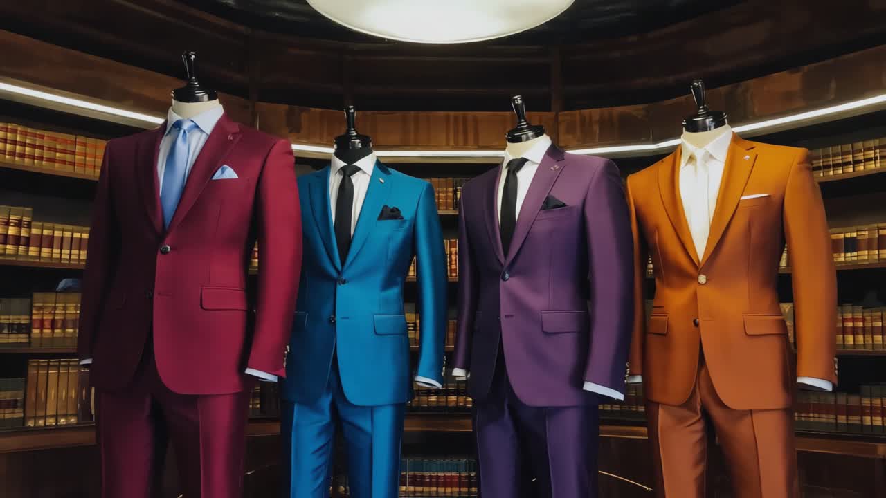 Display of colorful suits on mannequins